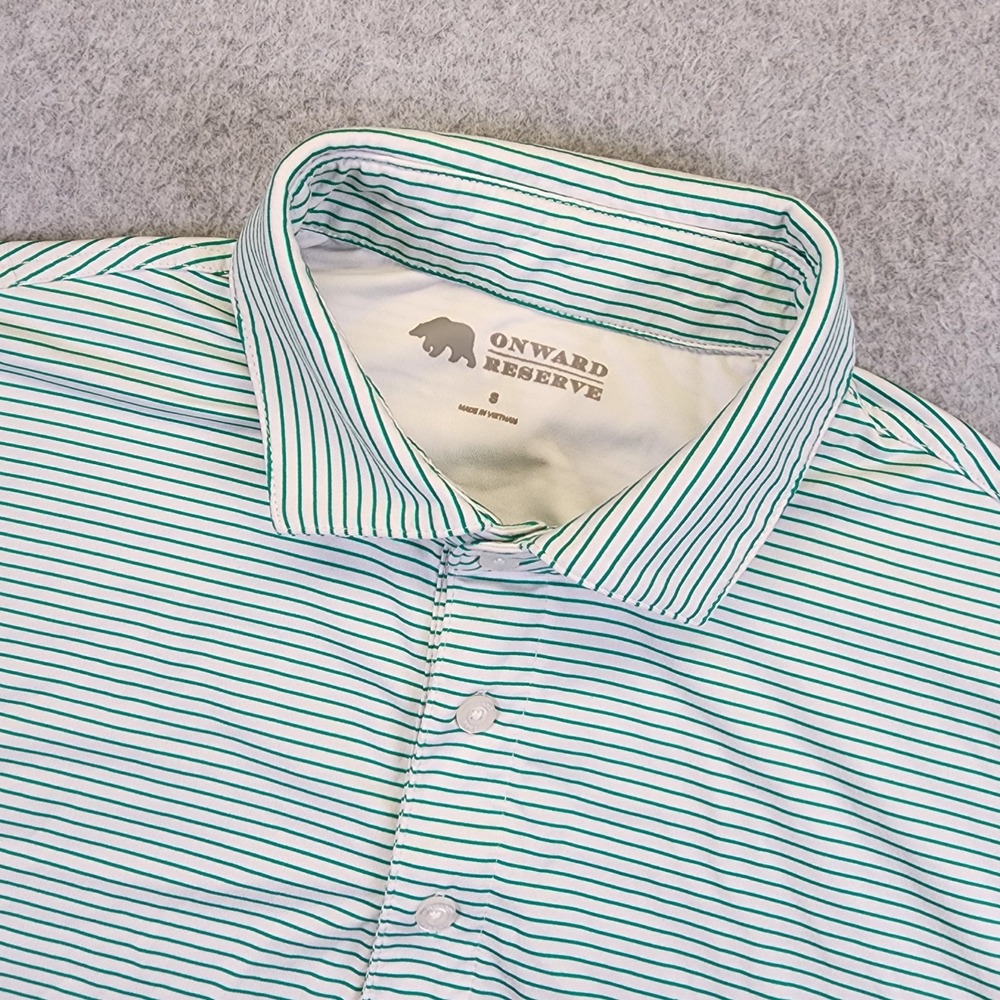 Onward Reserve Mens Small Polo Shirt Performance Striped Green Short Sleeve